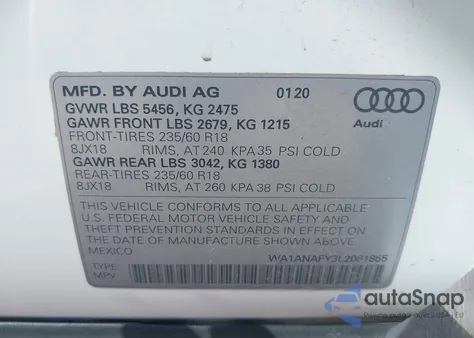 2020 Audi Q5 Premium 45 Tfsi Quattro S Tronic/Titanium Premium 45 Tfsi Quattro S Tronic z USA, uszkodzony, nr VIN WA1ANAFY3L2061855